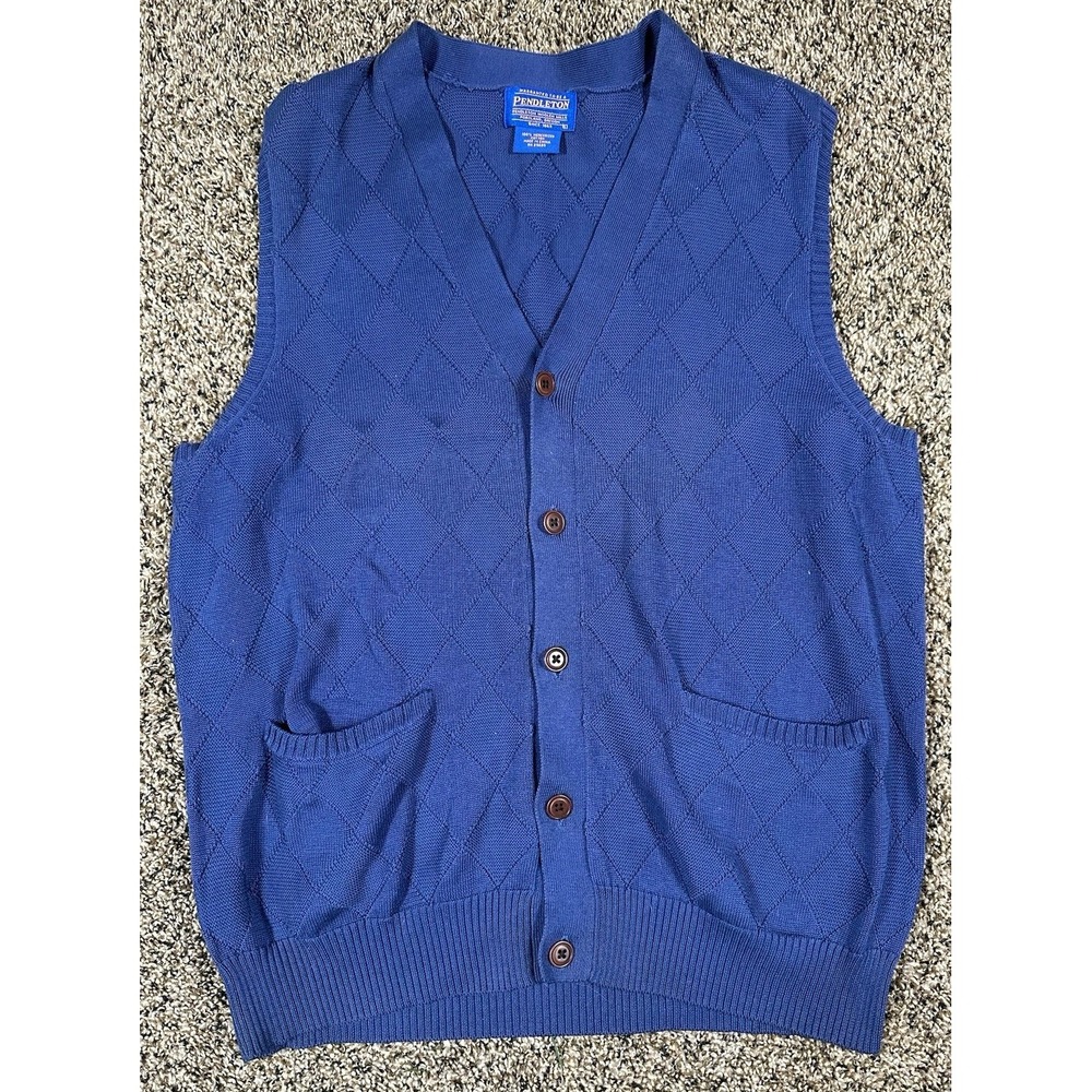 Pendleton Sweater Vest Men's Sz Large Blue Button Front‎ Cotton Diamond Pattern